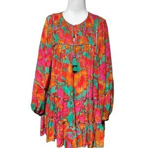 Olivaceous Long Sleeve Bright Floral Mini Tent Dress Size Medium